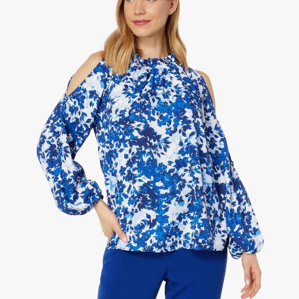 Vince Camuto XXl Blue Floral Blouse Cold Shoulder